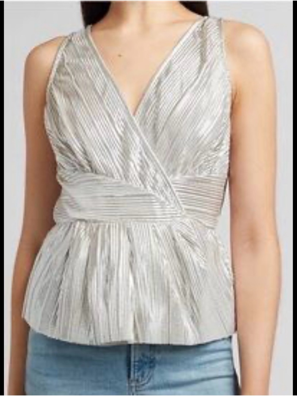 Express Metallic Silver Pleated Wrap Peplum Top